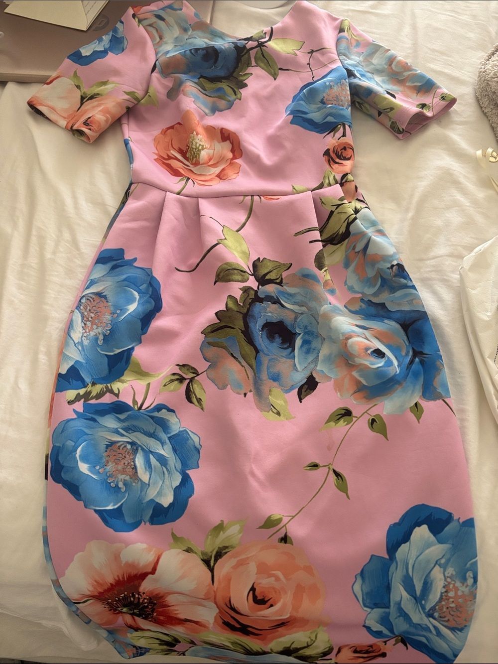 ASOS sz 2 wiggle dress Pink Floral Fit-and-Flare Dress with Blue Roses